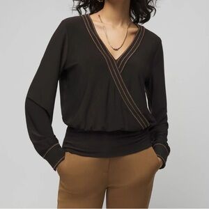 Black V-Neck wrap Blouse with Gold Stitching White House black market NWT